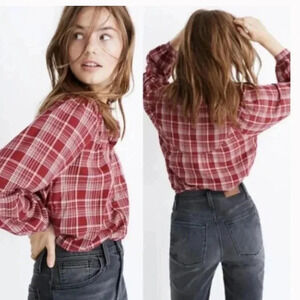 Madewell Plaid Peasant Button Front Long Sleeve Red Top Size XXS